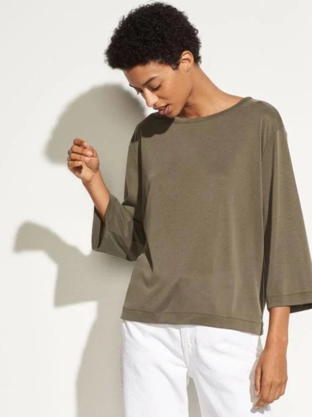 VINCE back tie 3/4 sleeve tee in olive green size S